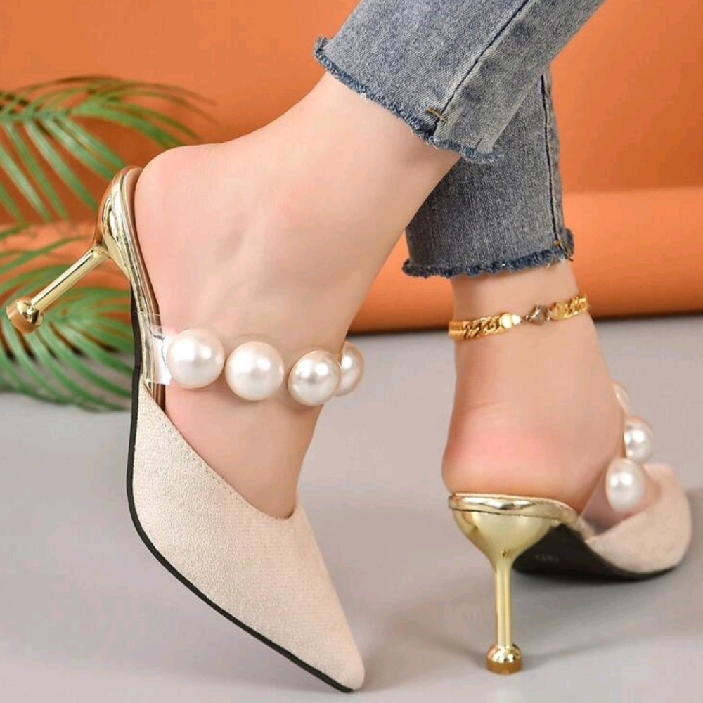 New Fashion Golden Pearl Decorated Elegant High Heels Party Shoes For Women - Picture 4 of 8